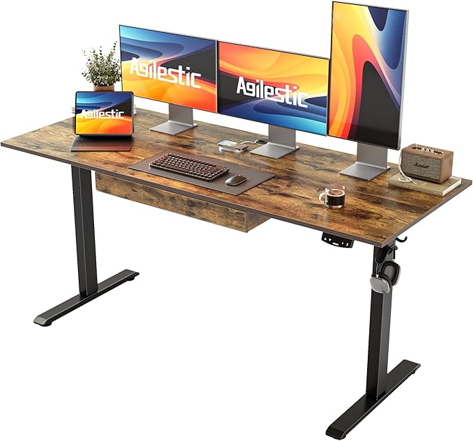 Adjustable Height Electric Standing Desk with Storage Wooden Drawer, 63 x 24 Inches Stand Up Home Office Computer Gaming Table with Splice Board for Work Office Home, Rustic Brown - LeafyLoom