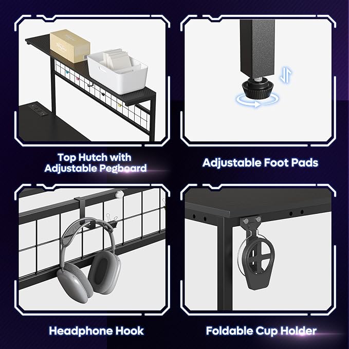 Bestier Gaming Desk with Power Outlets,42 Computer Desk with LED Lights, Reversible Corner Desk with 4-Tier Shelves,Cup Holder & Hook for Home Office,Carbon Fiber Black - LeafyLoom