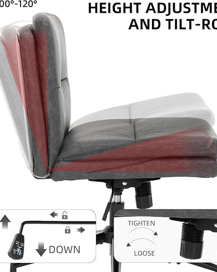 Armless Office Chair with Wheels Wide Desk Chair Leather Mid Back Accent Chair Padded Swivel Vanity Chair for Girl Women Computer Task Chair for Home Office (Leather, Dark Gray/Gray) - LeafyLoom