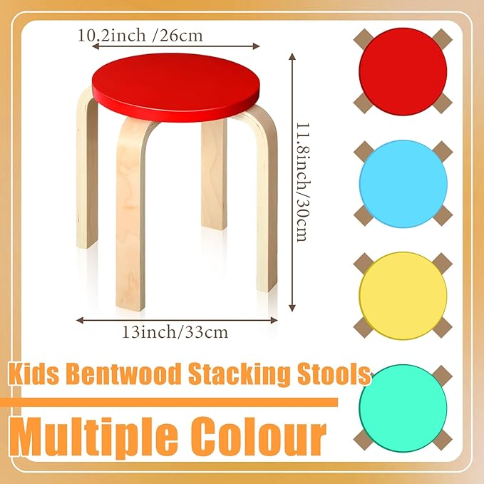 4 Pcs 12 Inch Bentwood Stacking Stool for Kids Colored Durable Round Nesting Stool Flexible Wood Stackable Stool Chairs for Playroom Daycare Home Classroom (Bright Color) - LeafyLoom