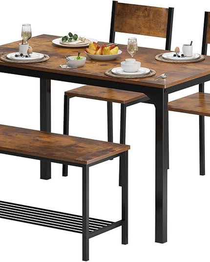 soges 4 Pieces Dining Table Set, 43.3 inch Kitchen Table Set for 4, Dining Set with 2 Chairs and Bench with Storage Rack, Nesting Furniture Set for Dining Room, Kitchen, Restaurant, Rustic Brown - LeafyLoom