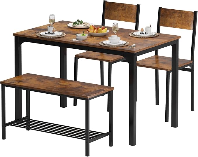 soges 4 Pieces Dining Table Set, 43.3 inch Kitchen Table Set for 4, Dining Set with 2 Chairs and Bench with Storage Rack, Nesting Furniture Set for Dining Room, Kitchen, Restaurant, Rustic Brown - LeafyLoom