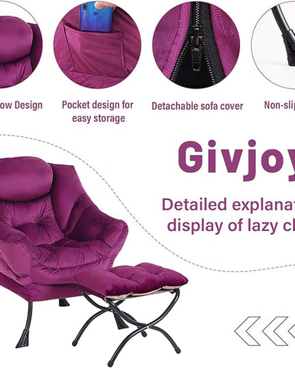 Lazy Chair and Ottoman, Large Accent Lounge Chair with Armrests and a Side Pocket, Modern Leisure Upholstered Sofa Reading Armchair with Footrest for Bedroom, Living Room, Dorm Rooms, Office - LeafyLoom