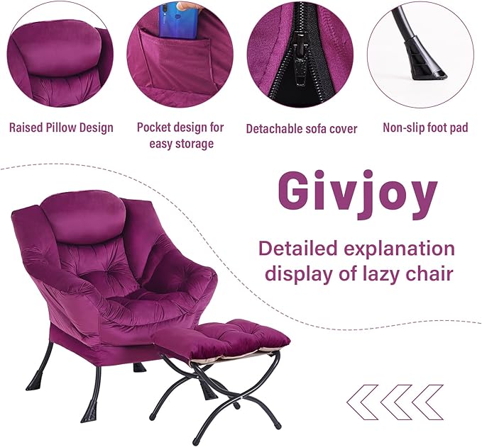 Lazy Chair and Ottoman, Large Accent Lounge Chair with Armrests and a Side Pocket, Modern Leisure Upholstered Sofa Reading Armchair with Footrest for Bedroom, Living Room, Dorm Rooms, Office - LeafyLoom