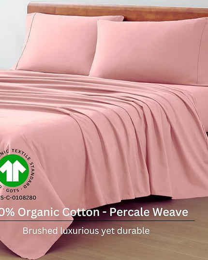 LANE LINEN 100% Organic Cotton California King Sheets Set, 4-Piece Pure Organic Cotton Long Staple Percale Weave Soft Best Bedding Sheets for Bed, Breathable, Fits Mattress Upto 15" Deep - Rose Dawn - LeafyLoom