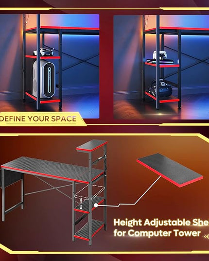 Bestier Gaming Desk with LED Lights, Computer Desk with 4 Tiers Reversible Shelves, 51.3 Inch gamer desk with Side Storage Bag, Hooks and Height Adjustable Shelf (Black Carbon Fiber) - LeafyLoom