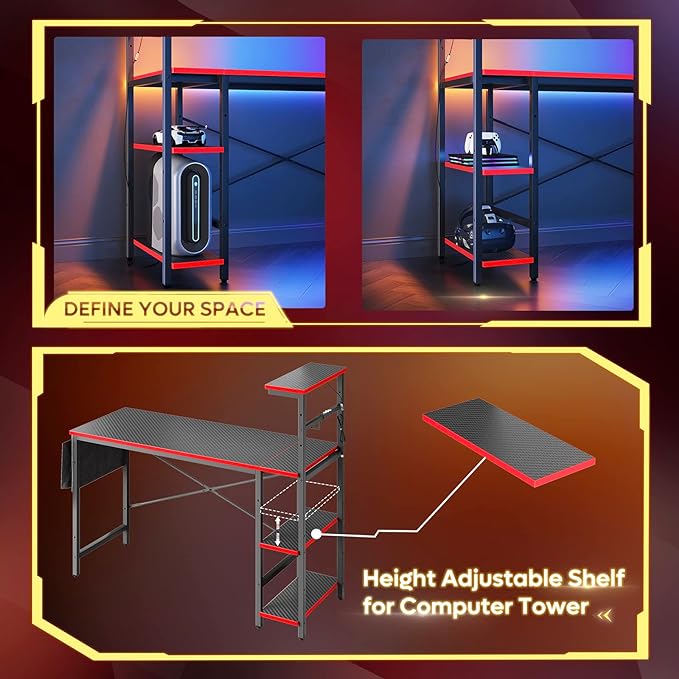 Bestier Gaming Desk with LED Lights, Computer Desk with 4 Tiers Reversible Shelves, 51.3 Inch gamer desk with Side Storage Bag, Hooks and Height Adjustable Shelf (Black Carbon Fiber) - LeafyLoom