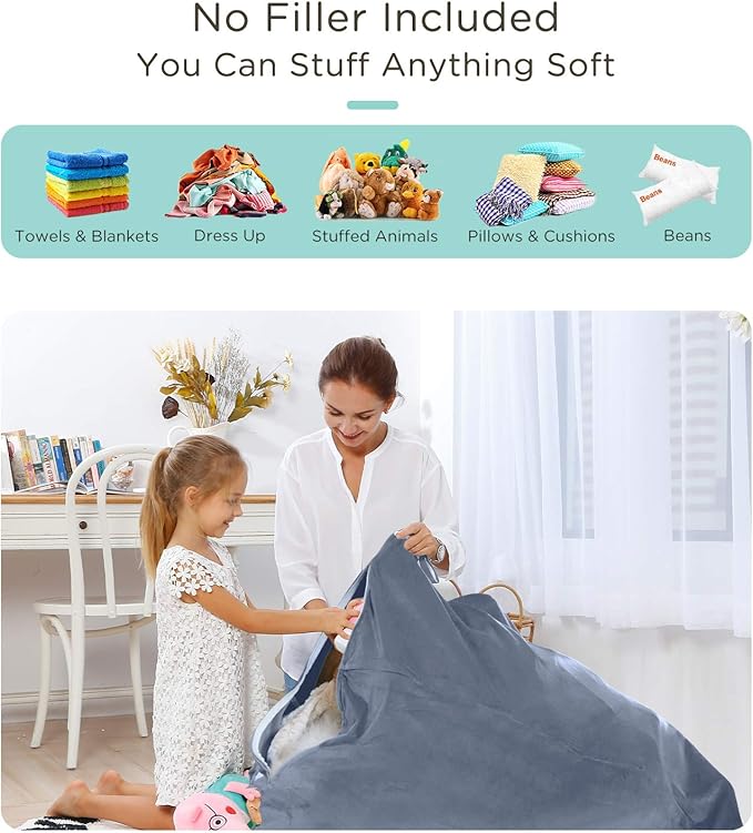 Aubliss Stuffed Animal Storage Bean Bag Chairs Cover, 50"x 35" Extra Large Velvet Bean Bags Chair for Kids & Adults, Ultra Soft Zipper Beanbag Toy Storage for Boys Girls - Grey - LeafyLoom