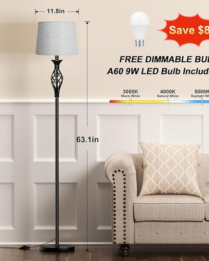 Ambimall Floor Lamps for Living Room - 3 Color Temperature Modern Standing Lamp, Farmhouse Black Floor Lamp with Gray Shade, Vintage Tall Light for Bedroom Office Corner(9W Bulb Included) - LeafyLoom
