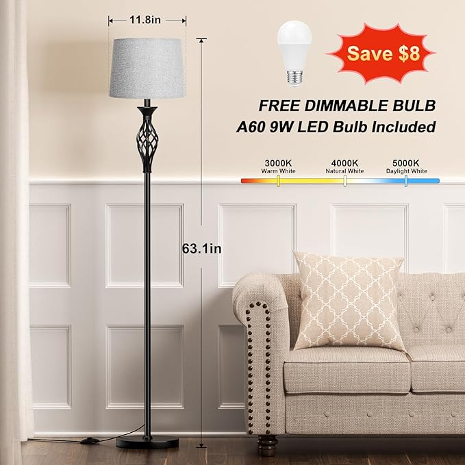 Ambimall Floor Lamps for Living Room - 3 Color Temperature Modern Standing Lamp, Farmhouse Black Floor Lamp with Gray Shade, Vintage Tall Light for Bedroom Office Corner(9W Bulb Included) - LeafyLoom
