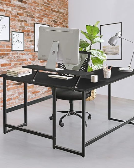 L Shape Computer Desk - Spacious 55 inch Corner Desk Home Office Desk Gaming Desk with Reversible Monitor Stand and Adjustable Feet, Easy Assembly, Black - LeafyLoom