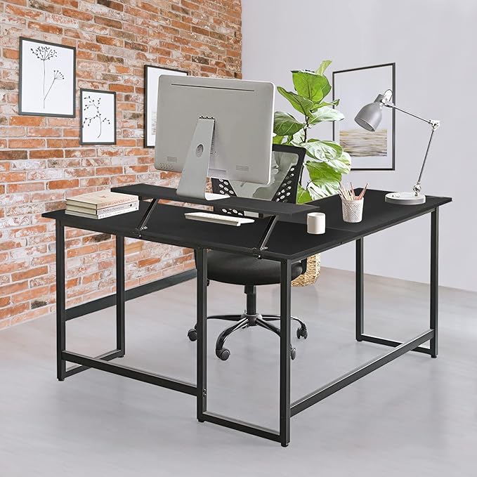 L Shape Computer Desk - Spacious 55 inch Corner Desk Home Office Desk Gaming Desk with Reversible Monitor Stand and Adjustable Feet, Easy Assembly, Black - LeafyLoom