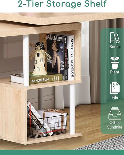Airdown 55 Inch Reversible L Shaped Home Office Computer Desk with 2-Tier Storage Shelf for Bedroom, Dorm, Study Room, Light Oak - LeafyLoom