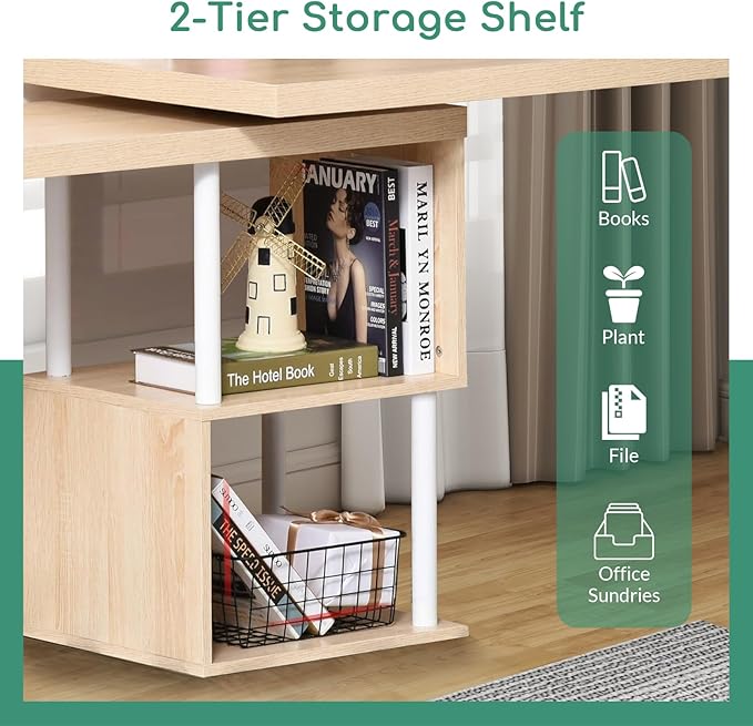 Airdown 55 Inch Reversible L Shaped Home Office Computer Desk with 2-Tier Storage Shelf for Bedroom, Dorm, Study Room, Light Oak - LeafyLoom