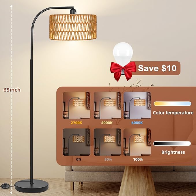 Rattan Floor Lamps for Living Room, Boho Standing Lamps with Rattan& Linen Double Shades, Arc Lamps Floor Standing with 9W Bulb, Foot Switch, Bohemian Floor Lamps for Bedroom, Office - LeafyLoom