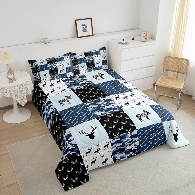 Cute Deer Comforter Set Full, Military Camo Bedding Set for Kids Boys Teens Bedroom Tribal Animal Antlers Silhouette Quilted Comforter Checkered Plaid Arrows Bedding Comforters, Army Blue and White - LeafyLoom