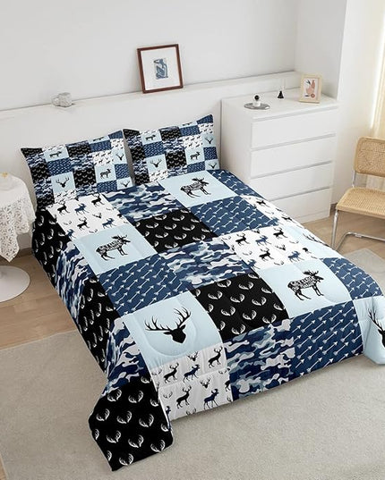 Cute Deer Comforter Set Queen, Military Camo Bedding Set for Kids Boys Teens Bedroom Tribal Animal Antlers Silhouette Quilted Comforter Checkered Plaid Arrows Bedding Comforters, Army Blue and White - LeafyLoom