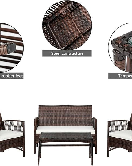 Outvita 4 Pieces Patio Furniture Set, Rattan Conversation Sets with Loveseat Soft Cushion and Glass Table for Garden Backyard Balcony Porch Poolside (Brown) - LeafyLoom