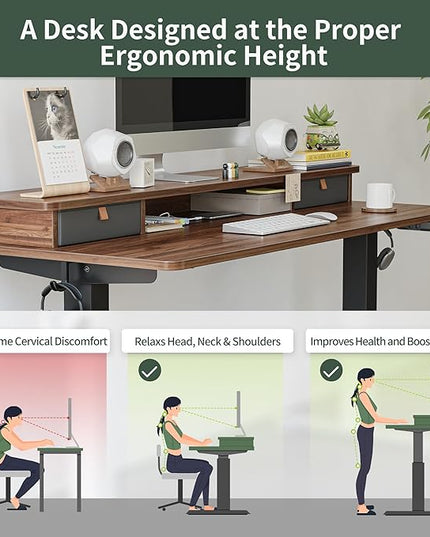 FEZIBO 55 x 24 Inch Height Adjustable Electric Standing Desk with Double Drawer, Stand Up Desk with Storage Shelf, Sit Stand Desk, Blcak Walnut - LeafyLoom
