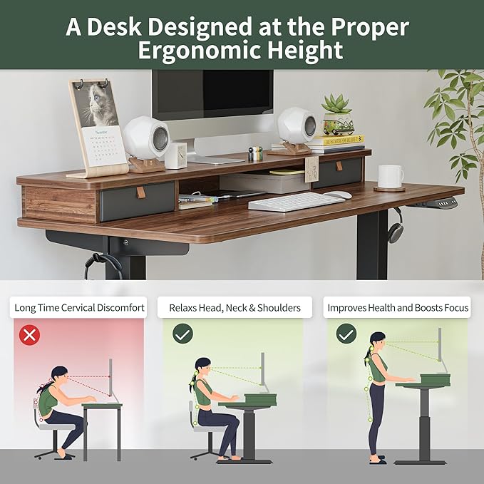 FEZIBO 55 x 24 Inch Height Adjustable Electric Standing Desk with Double Drawer, Stand Up Desk with Storage Shelf, Sit Stand Desk, Blcak Walnut - LeafyLoom
