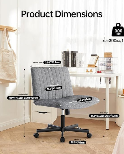 LEAGOO Cross Legged Office Chair, Armless Wide Desk Chair with Wheels, 120° Rocking Mid Back Ergonomic Computer Task Vanity Chairs with Height adiust, for Home, Office, Make up, Small Space, Dark gray - LeafyLoom
