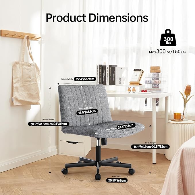 LEAGOO Cross Legged Office Chair, Armless Wide Desk Chair with Wheels, 120° Rocking Mid Back Ergonomic Computer Task Vanity Chairs with Height adiust, for Home, Office, Make up, Small Space, Dark gray - LeafyLoom
