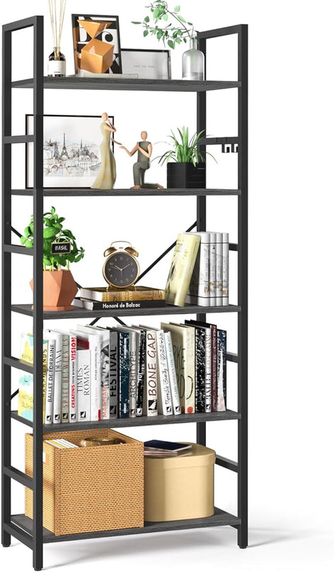 Yoobure 5 Tier Bookshelf - Tall Book Shelf Modern Bookcase for CDs/Movies/Books, Rustic Book Case Industrial Bookshelves Book Storage Organizer for Bedroom Home Office Living Room Grey - LeafyLoom