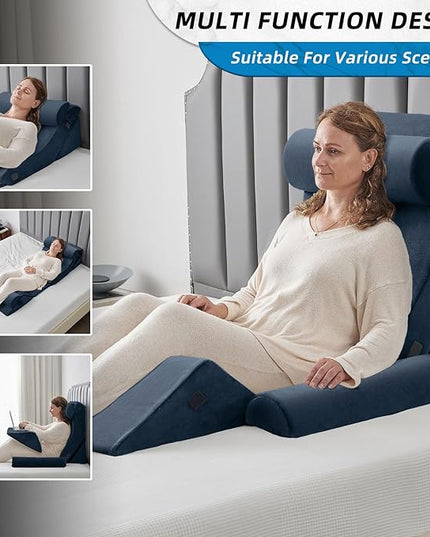 Axelrod 6PCS Orthopedic Bed Wedge Pillow Set, Post Surgery Foam for Back, Neck & Leg Pain Relief Comfortable & Adjustable Ortho Pillows- Anti Snoring, Heartburn, Acid Reflux & GERD Sleeping Indigo - LeafyLoom