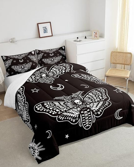 Feelyou Boys Boho Moth Comforter Set Twin Size Men Gothic Skull Bedding Set for Girls Women Bedroom Decor Bohemian Moon Star Comforter Personalized Moth Skull Skeleton Bones Duvet Set Teens Quilt Set - LeafyLoom