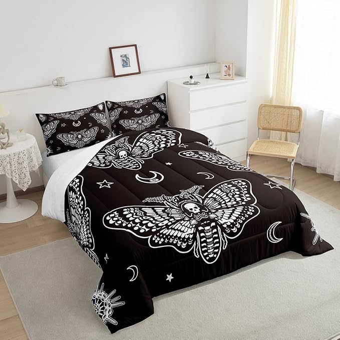 Feelyou Boys Boho Moth Comforter Set Twin Size Men Gothic Skull Bedding Set for Girls Women Bedroom Decor Bohemian Moon Star Comforter Personalized Moth Skull Skeleton Bones Duvet Set Teens Quilt Set - LeafyLoom
