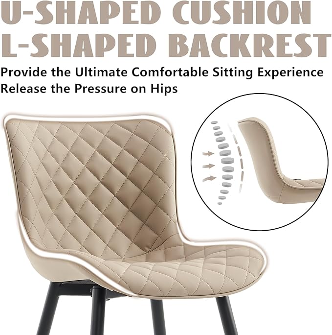 YOUTASTE Khaki Dining Chairs Set of 2 Mid Century Modern PU Leather Diamond Upholstered Accent Guest Dinner Chair with Back Metal Legs for Kitchen Living Reception Waiting Room - LeafyLoom