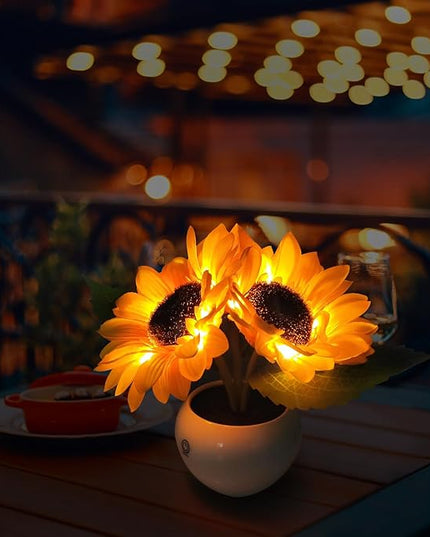 Rechargeable Sunflower Table Lamp - LED Artificial Flowers Desktop Lamp Night Light with Porcelain Vase, Cordless Touch Lamp for Bedroom Living Room Desk Decor, Birthday Gift for Her Girl Mom - LeafyLoom