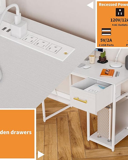 L Shaped Gaming Desk, Reversible L Shaped Computer Desk with Drawers, Led Lights & Power Outlets for Home Office White - LeafyLoom