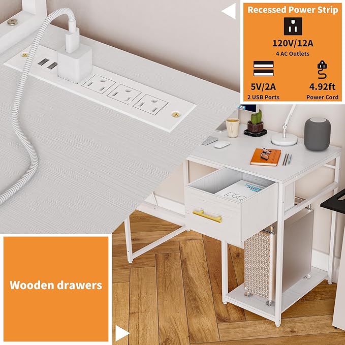 L Shaped Gaming Desk, Reversible L Shaped Computer Desk with Drawers, Led Lights & Power Outlets for Home Office White - LeafyLoom