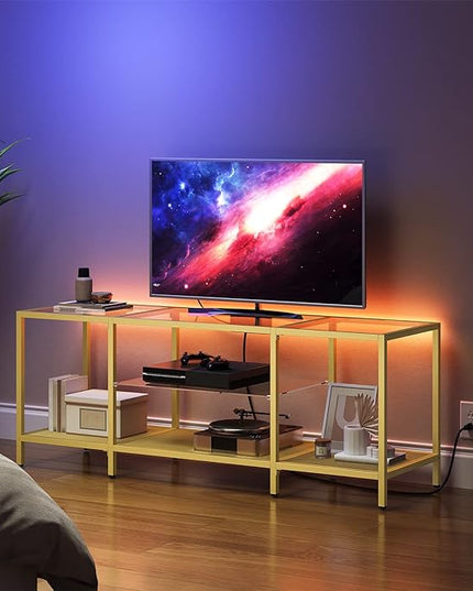 HOOBRO TV Stand with LED Lights and Power Outlets for TVs up to 65", Modern 55 Inch Tempered Glass TV Console Table with Open Shelves, Media Entertainment Center for Living Room, Gold GD145UDS01 - LeafyLoom