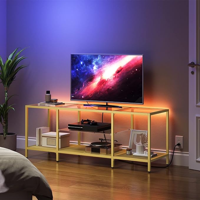 HOOBRO TV Stand with LED Lights and Power Outlets for TVs up to 65", Modern 55 Inch Tempered Glass TV Console Table with Open Shelves, Media Entertainment Center for Living Room, Gold GD145UDS01 - LeafyLoom
