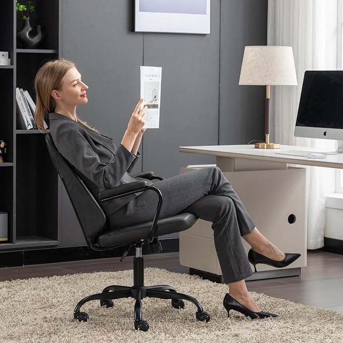 Executive Office Chair, Home Office Desk Chair, Mid Back PU Leather Desk Chair, 360° Swivel Computer Chair, Height Adjustable Tilt Vanity Task Chair for Office, Reading Meeting Room - LeafyLoom