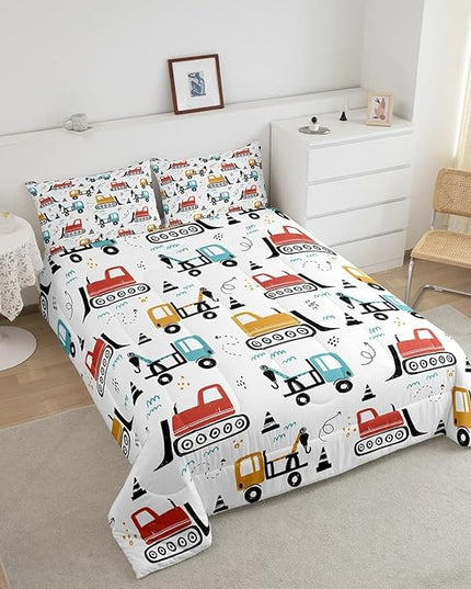 Boys Cartoon Car Comforter Set, Kids Construction Vehicles Comforter for Kids Children Cartoon Truck Bedding Set Cute Cars Teal Red Yellow Quilt Set Bedroom Collection 3Pcs King Size - LeafyLoom