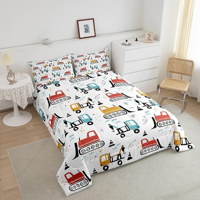 Boys Cartoon Car Comforter Set, Kids Construction Vehicles Comforter for Kids Children Cartoon Truck Bedding Set Cute Cars Teal Red Yellow Quilt Set Bedroom Collection 3Pcs King Size - LeafyLoom