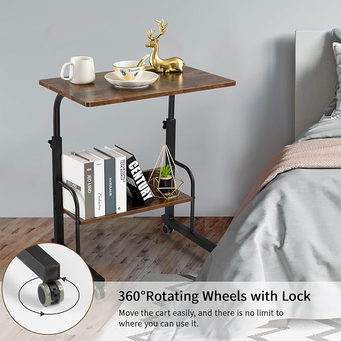 SIDUCAL Mobile Laptop Cart, Rolling Desk Adjustable Height, Rolling Computer Cart, Portable Laptop Desk, Small Adjustable Desk, Rolling Laptop Desk, Small Portable Desk with Wheels 23.6'' Rustic Brown - LeafyLoom