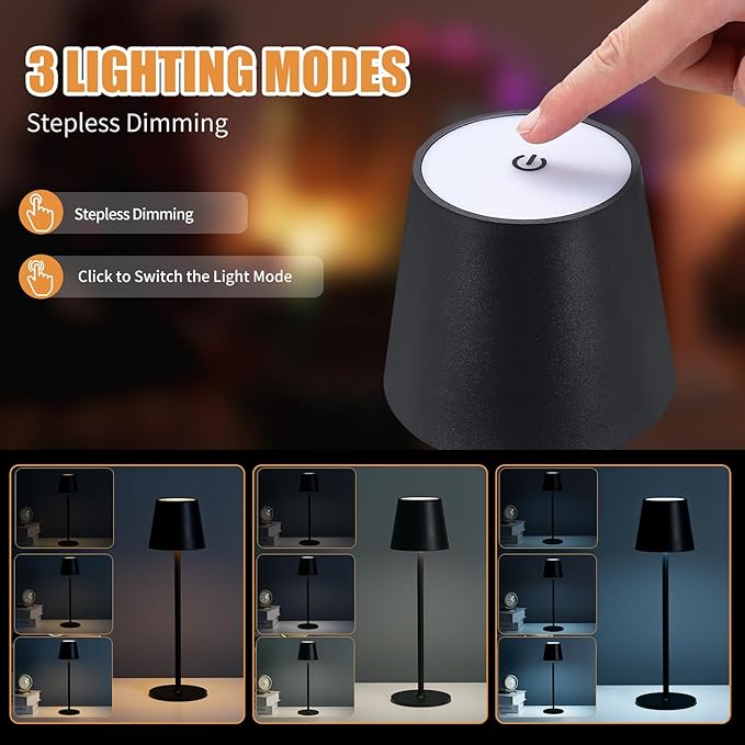 Cordless Table Lamps USB Rechargeable Lamp Simplicity Desk Lamp Built-in 4600 mAh Battery LED Battery Operated lamp with Touch Control Table lamp - Bedroom/Desk/Reading/Patio(2Pcs-Black) - LeafyLoom