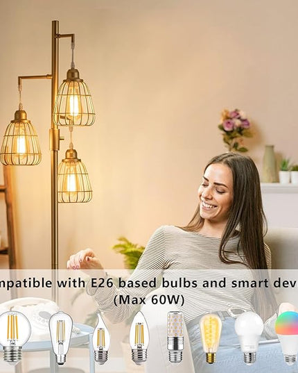 9MMML Golden Dimmable Floor Lamp,Industrial Farmhouse Tall Standing Floor Lamp for Living Room, Bedroom, Corner,Office,Gold 3 Teardrop Cage Lampshade,68”Height,3 LED Bulb Included - LeafyLoom