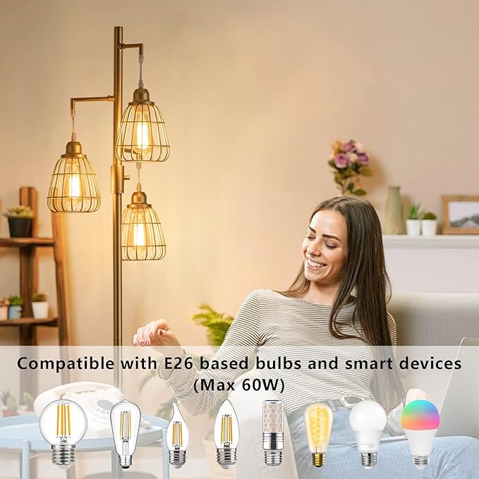 9MMML Golden Dimmable Floor Lamp,Industrial Farmhouse Tall Standing Floor Lamp for Living Room, Bedroom, Corner,Office,Gold 3 Teardrop Cage Lampshade,68”Height,3 LED Bulb Included - LeafyLoom