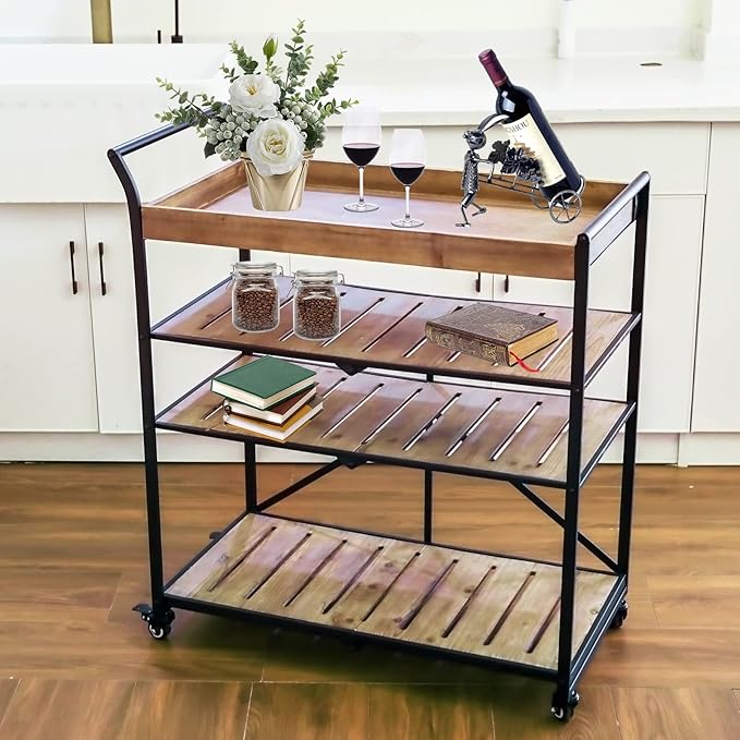 Vipush Kitchen Serving Cart, 4-Tier Kitchen Utility Cart on Wheels with Storage for Living Room, Wood Look Accent Furniture with Metal - LeafyLoom