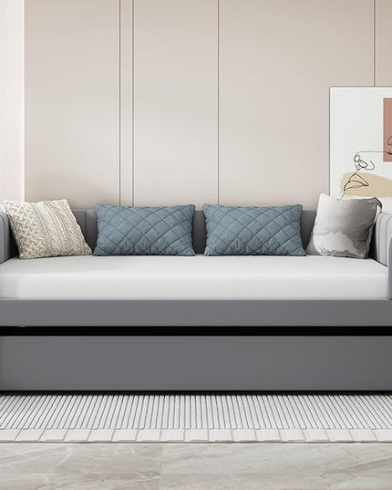 Twin Size Velvet Upholstered Daybed with Ergonomic Design Backrest and Trundle,Classic Stripe Shaped Headboard,No Box Spring Needed,for Bedroom, Living, Guest Room,Gray - LeafyLoom