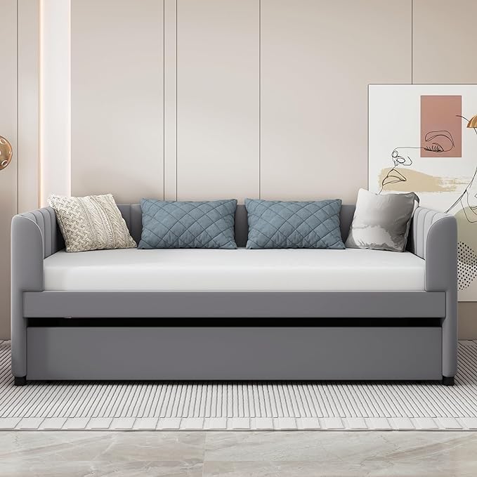 Twin Size Velvet Upholstered Daybed with Ergonomic Design Backrest and Trundle,Classic Stripe Shaped Headboard,No Box Spring Needed,for Bedroom, Living, Guest Room,Gray - LeafyLoom