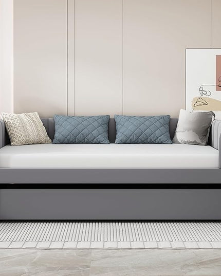 Twin Size, Upholstered Daybeds with Ergonomic Design Backrest and Trundle, Velvet Sofa Day Bed Frame for Kids Teens Adults, Space-Saving, Easy Assembly, Gray - LeafyLoom