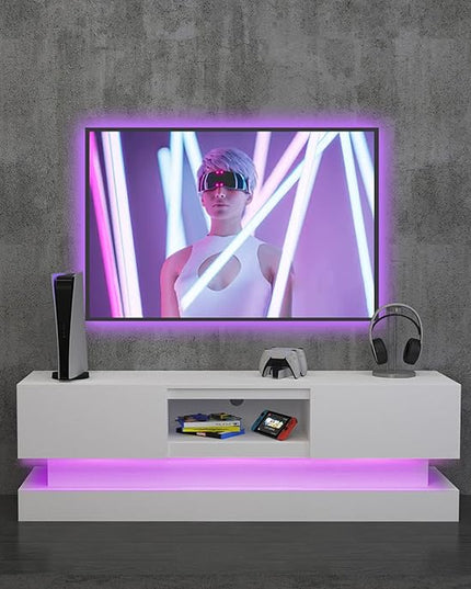 Glossy White LED TV Stand for 75 Inch TV, Modern TV Console Table with Storage and LED Lights, Gaming Media Entertainment Center for Living Room Bedroom (63 Inch, White) - LeafyLoom