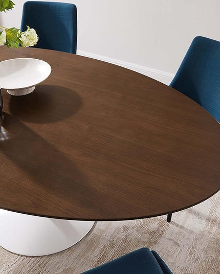 Modway Lippa 78" Modern Kitchen and Dining Table with Oval Walnut Top and Pedestal Base in Walnut - LeafyLoom