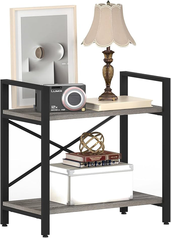 BON AUGURE Small Bookshelf for Small Space, 2 Tier Shelf Floor Bookcase for Storage, Industrial Short Low Wood Metal Book Shelves for Bedroom, Office and Living Room(Dark Gray Oak) - LeafyLoom
